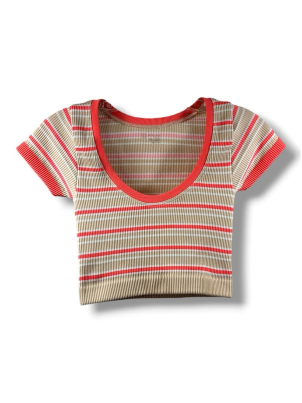 OFFLINE by Aerie Short Sleeve Cropped Ribbed Striped Top I. Orange Beige S XXS